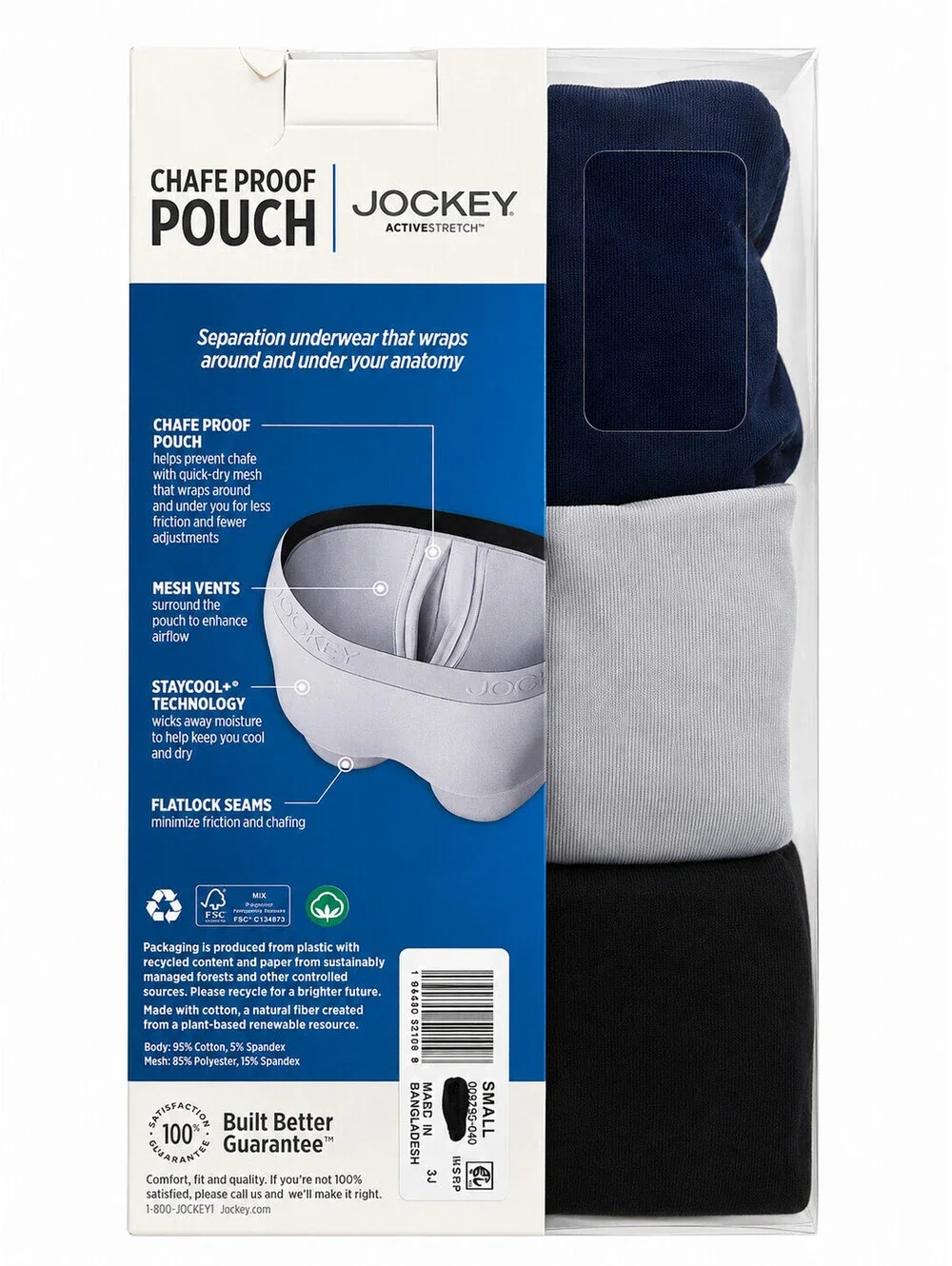 Jockey Active Stretch Chafe Proof Pouch Cotton Stretch 3-Pack Boxers SzS 28-30